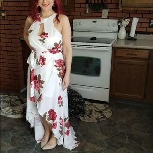 White with Red/Pink Flowers Hi/Low Maxi Dress